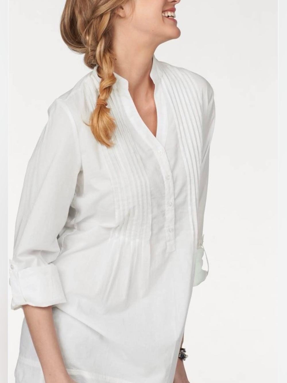 Lucky Brand White Pintuck Collarless Button-Front Shirt